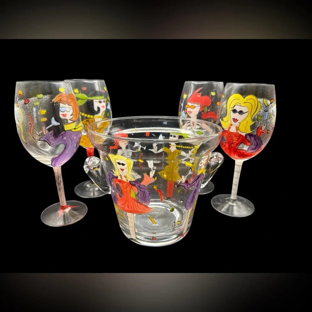 Vintage Hand Painted Whimsical Ladies Night Wine Glasses and Ice Bucket Set